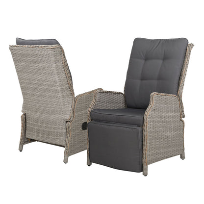 2PC Recliner Chairs Sun lounge Wicker Lounger Outdoor Furniture Adjustable Grey