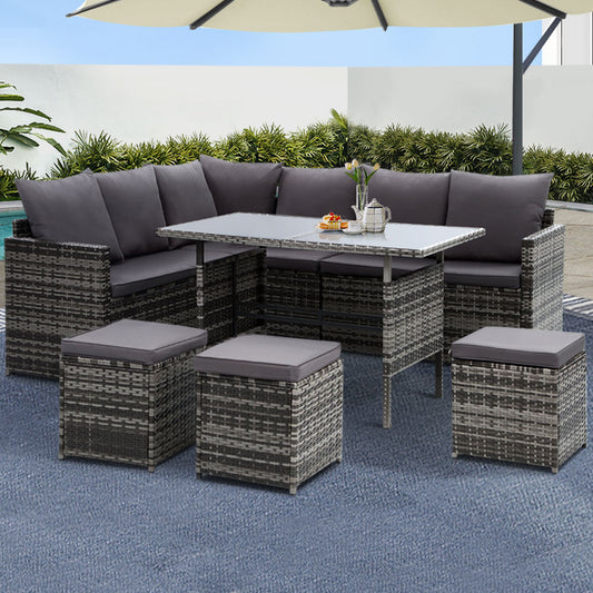 Outdoor Furniture Dining Setting Sofa Set Lounge Wicker 9 Seater Mixed Grey