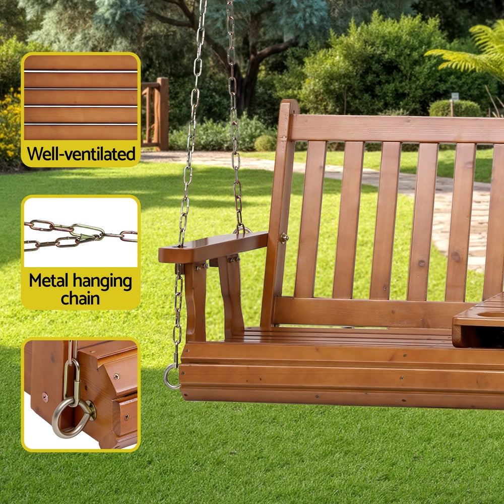 Porch Outdoor Swing Chair Patio Furniture Wooden Bench 2 Seat Cup Holder