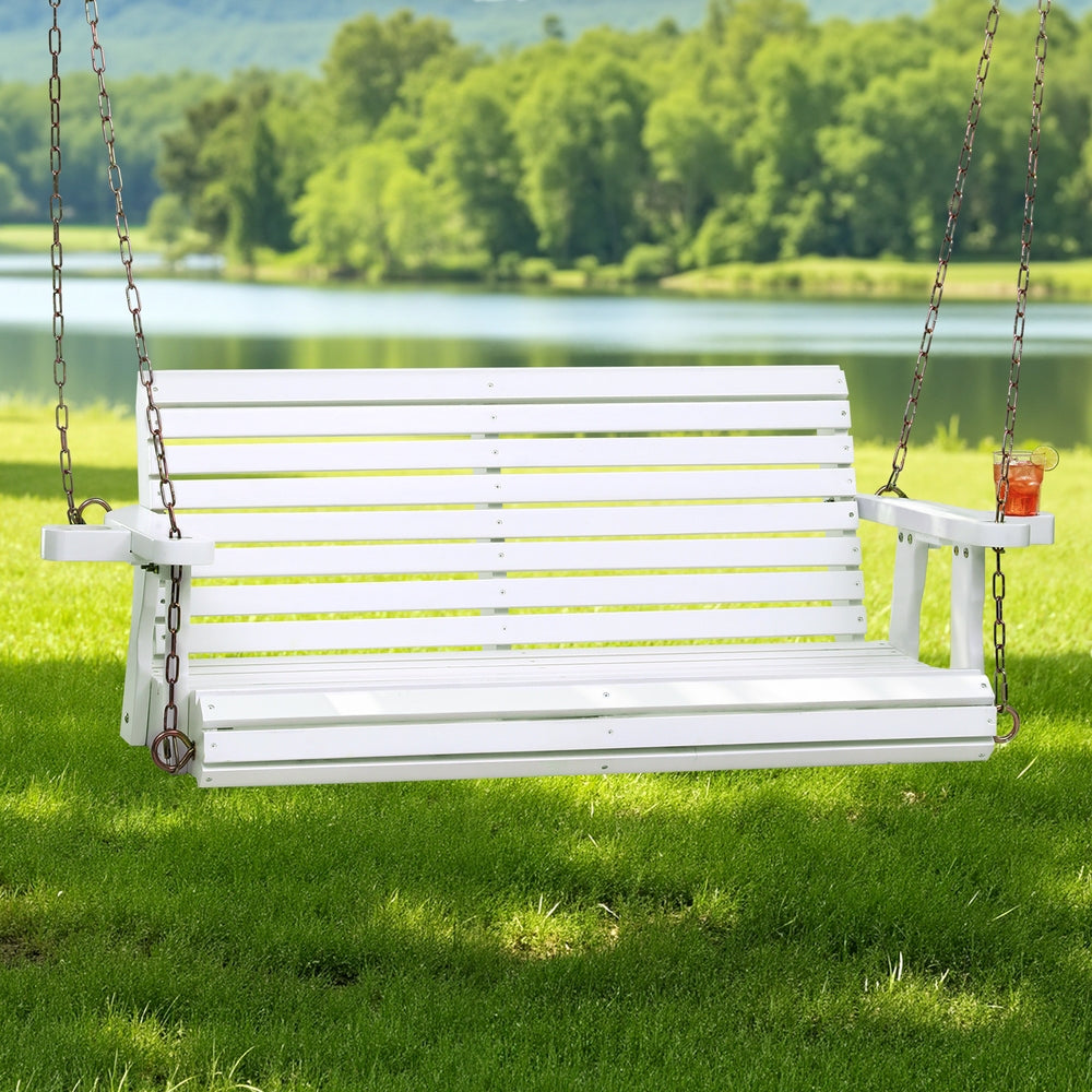 Porch Outdoor Swing Chair With Cup Holder Wooden Furniture 2 Seater
