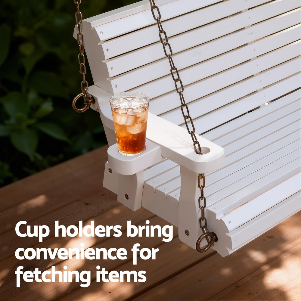 Porch Outdoor Swing Chair With Cup Holder Wooden Furniture 2 Seater