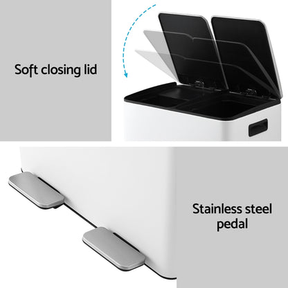 Cefito Pedal Bins Rubbish Bin Dual Compartment Waste Recycle Dustbins 60L White