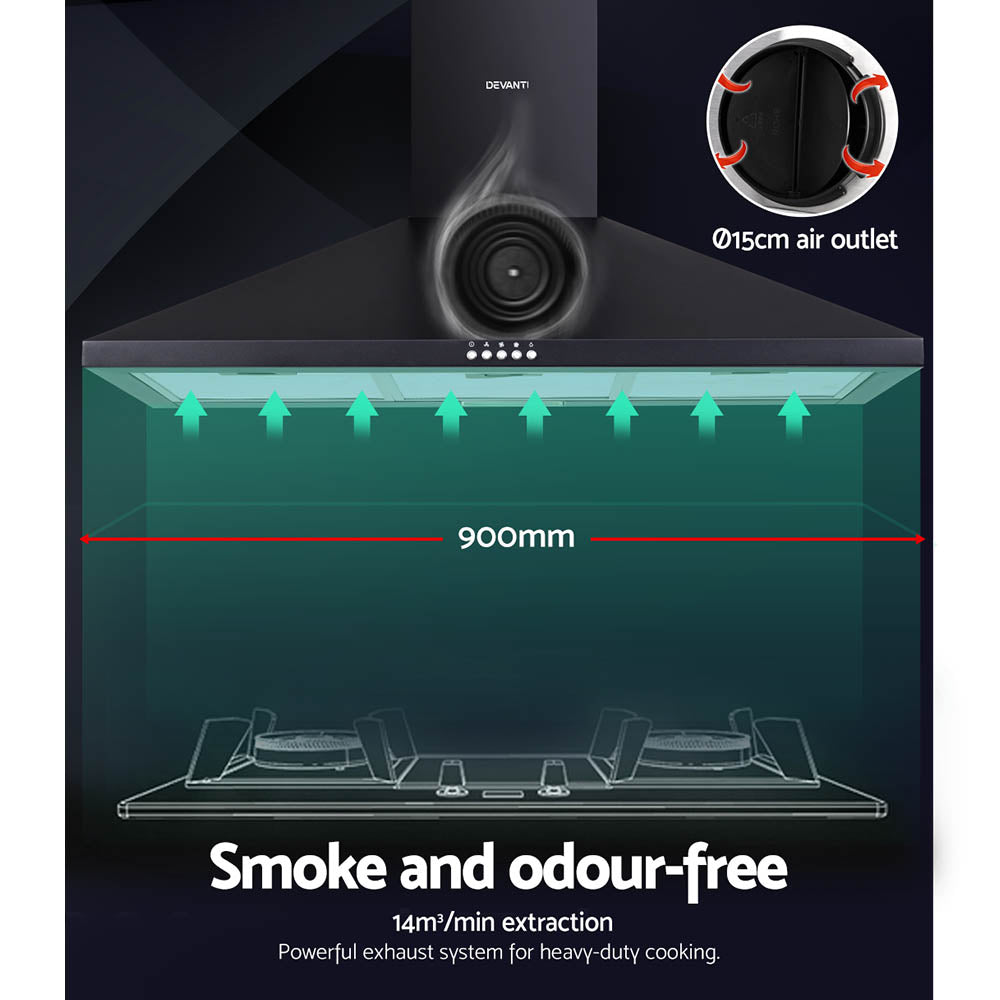 900mm Range Hood 90cm Rangehood Black