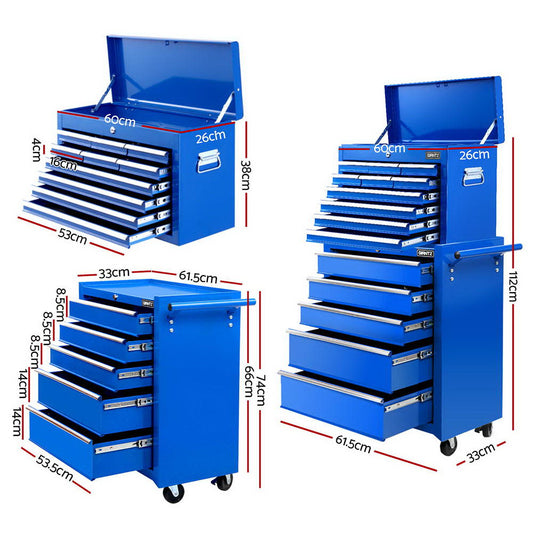 Giantz 15 Drawers Tool Chest Trolley Toolbox 2-in-1 Storage Blue