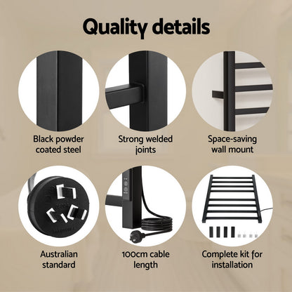 Devanti Heated Towel Rail 8 Square Bars with Timer Electric Heater Warmer Rack