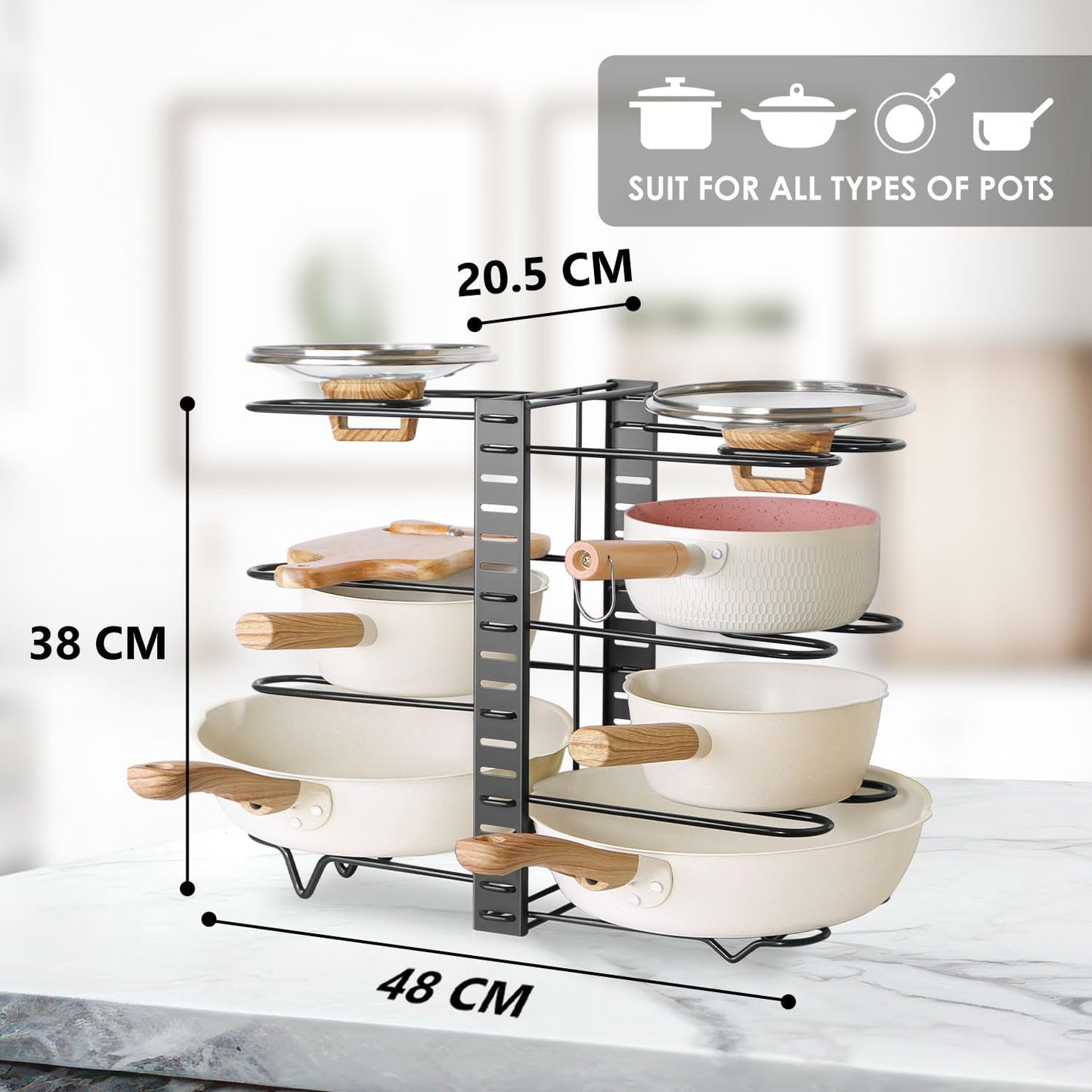 CARLA HOME Adjustable 8-Tier Pan Rack Pot Organizer for Kitchen Cabinet