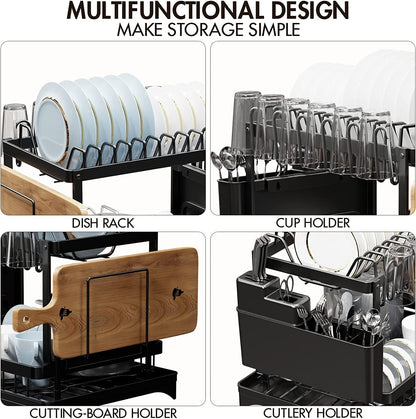 CARLA HOME 2-Tier Dish Drying Rack with Drainage Tray, Utensil Holder, Cup Hooks & Cutting Board Slot for Countertop Kitchen Storage (Black)