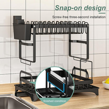 CARLA HOME 2-Tier Dish Drying Rack with Drainage Tray, Utensil Holder, Cup Hooks & Cutting Board Slot for Countertop Kitchen Storage (Black)