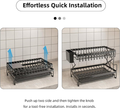 CARLA HOME 2-Tier Dish Drying Rack with Drainage Tray, Utensil Holder, Cup Hooks & Cutting Board Rack for Kitchen (Black)