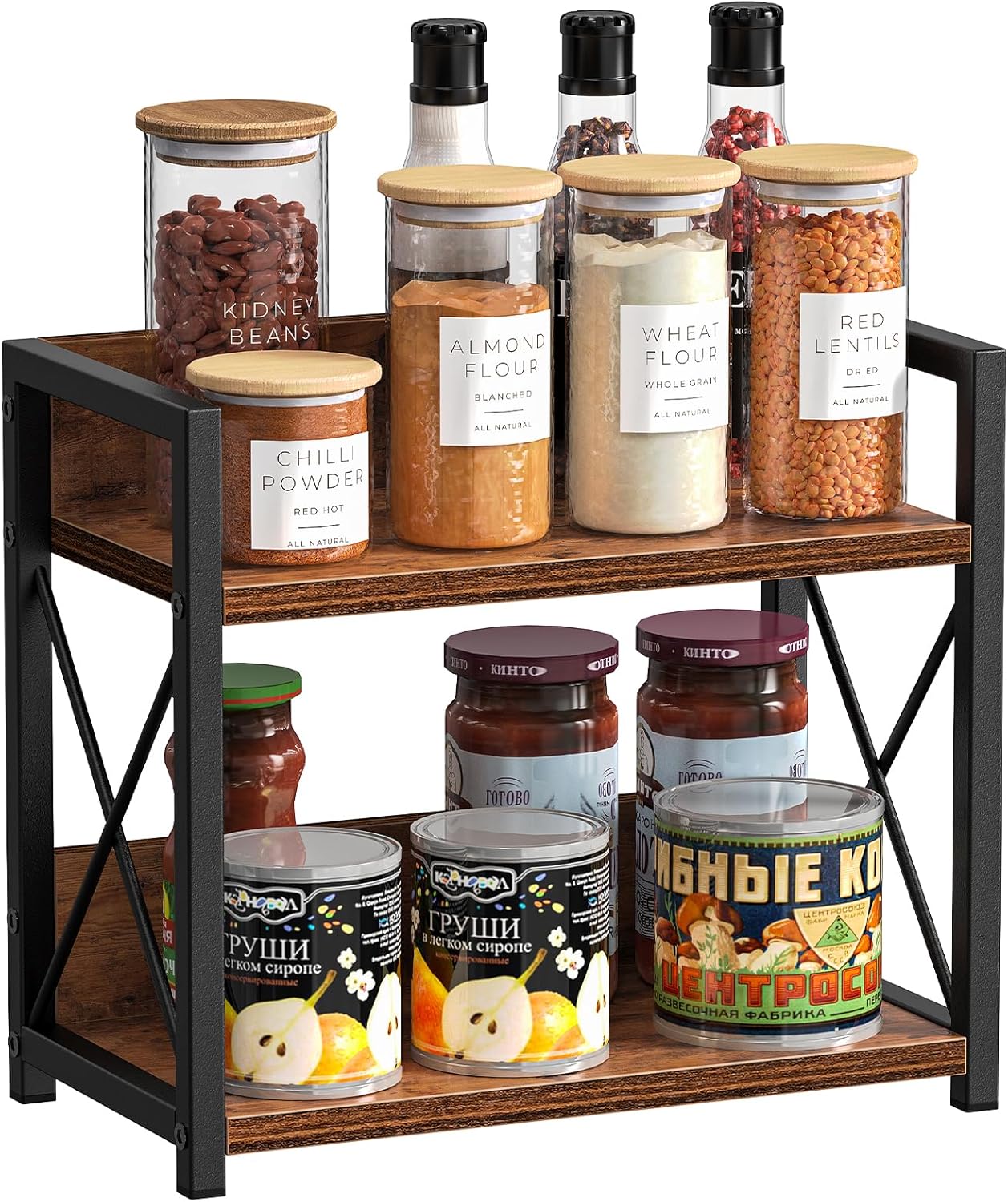 CARLA HOME 2-Tier Countertop Shelf Organizer Rustic Wood Kitchen Spice Rack for Storage, Condiments & Cabinet Organization