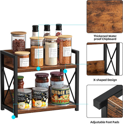CARLA HOME 2-Tier Countertop Shelf Organizer Rustic Wood Kitchen Spice Rack for Storage, Condiments & Cabinet Organization