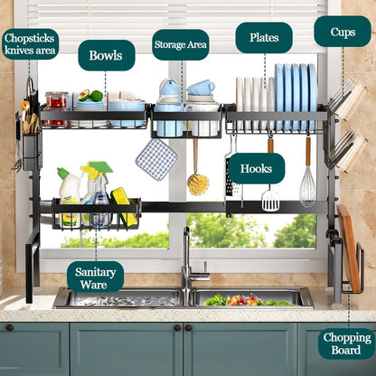 CARLA HOME Adjustable Over the Sink Dish Drying Rack with Utensil Holder, Hooks & Cutting Board Rack for Kitchen Counter Storage