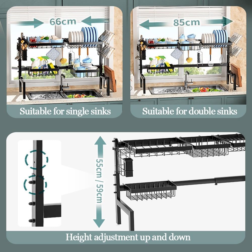 CARLA HOME Adjustable Over the Sink Dish Drying Rack with Utensil Holder, Hooks & Cutting Board Rack for Kitchen Counter Storage