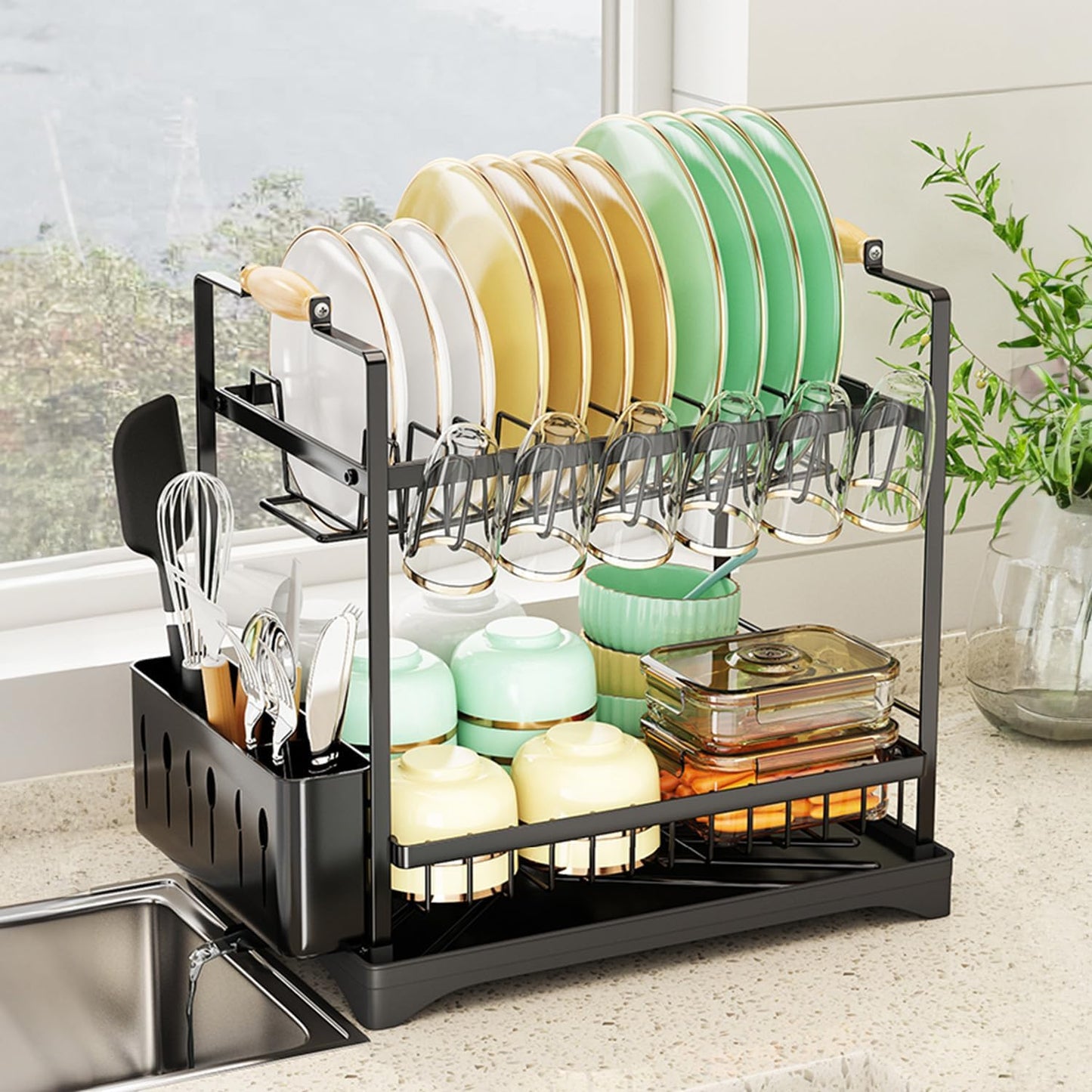 CARLA HOME 2-Tier Large Dish Drying Rack with Drainboard, Utensil Holder, Glass Hooks & Cutlery Storage (Black)