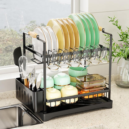 CARLA HOME 2-Tier Large Dish Drying Rack with Drainboard, Utensil Holder, Glass Hooks & Cutlery Storage (Black)