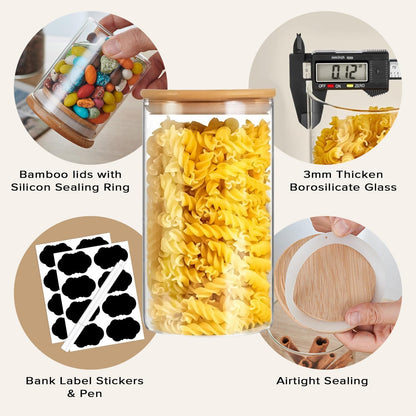 CARLA HOME 12 Pack Glass Storage Jars with Bamboo Lids for Kitchen Pantry, Pasta, Snacks, Cookies, Candy & More