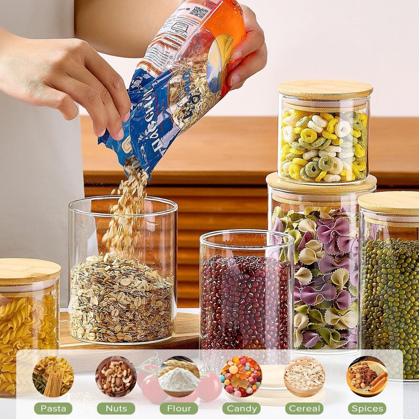 CARLA HOME 12 Pack Glass Storage Jars with Bamboo Lids for Kitchen Pantry, Pasta, Snacks, Cookies, Candy & More