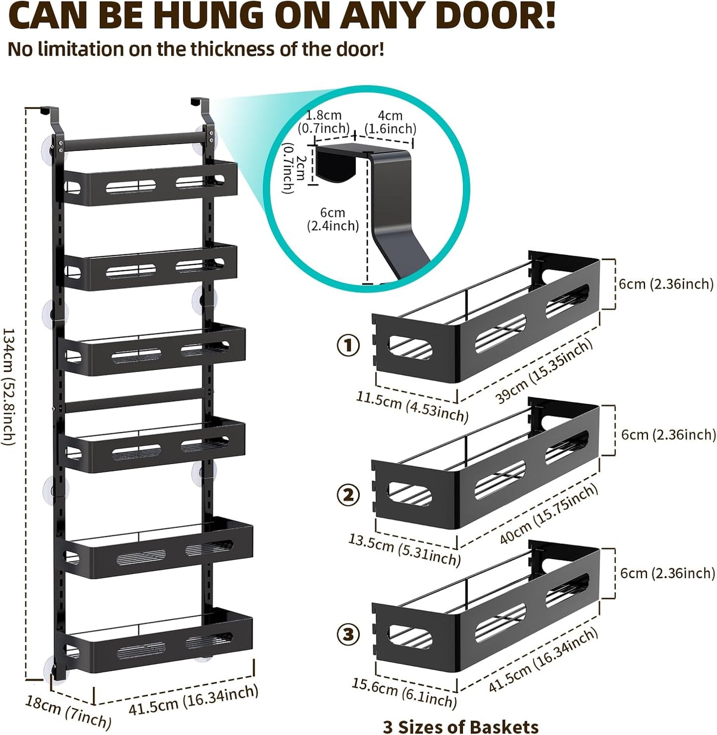 CARLA HOME 6 Tier Over the Door Organizer with Adjustable Metal Pantry Storage Rack and Hanging Baskets for Kitchen and Bathroom