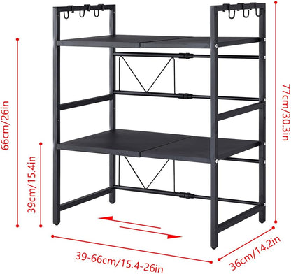 CARLA HOME 3-Tier Microwave Oven Rack with Adjustable Metal Kitchen Shelf Stand for Countertop Storage and 6 Hooks for Utensils
