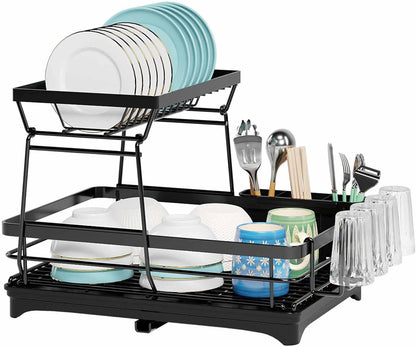 CARLA HOME 2-Tier Dish Drying Rack for Kitchen Counter with Drainboard, Utensil Holder, Cup Rack & Cutlery Organizer