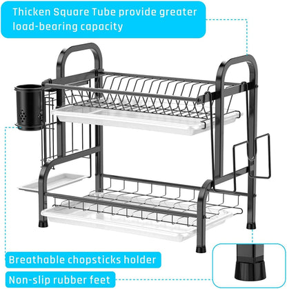 Stainless Steel 2-Tier Dish Drying Rack with Utensil Holder, Cutting Board Holder and Dish Drainer for Kitchen Counter (Black)
