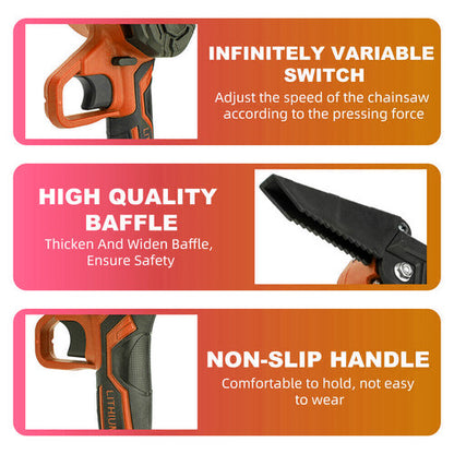 6" Mini Orange Cordless Electric Chainsaw 2x Battery-Powered Wood Cutter