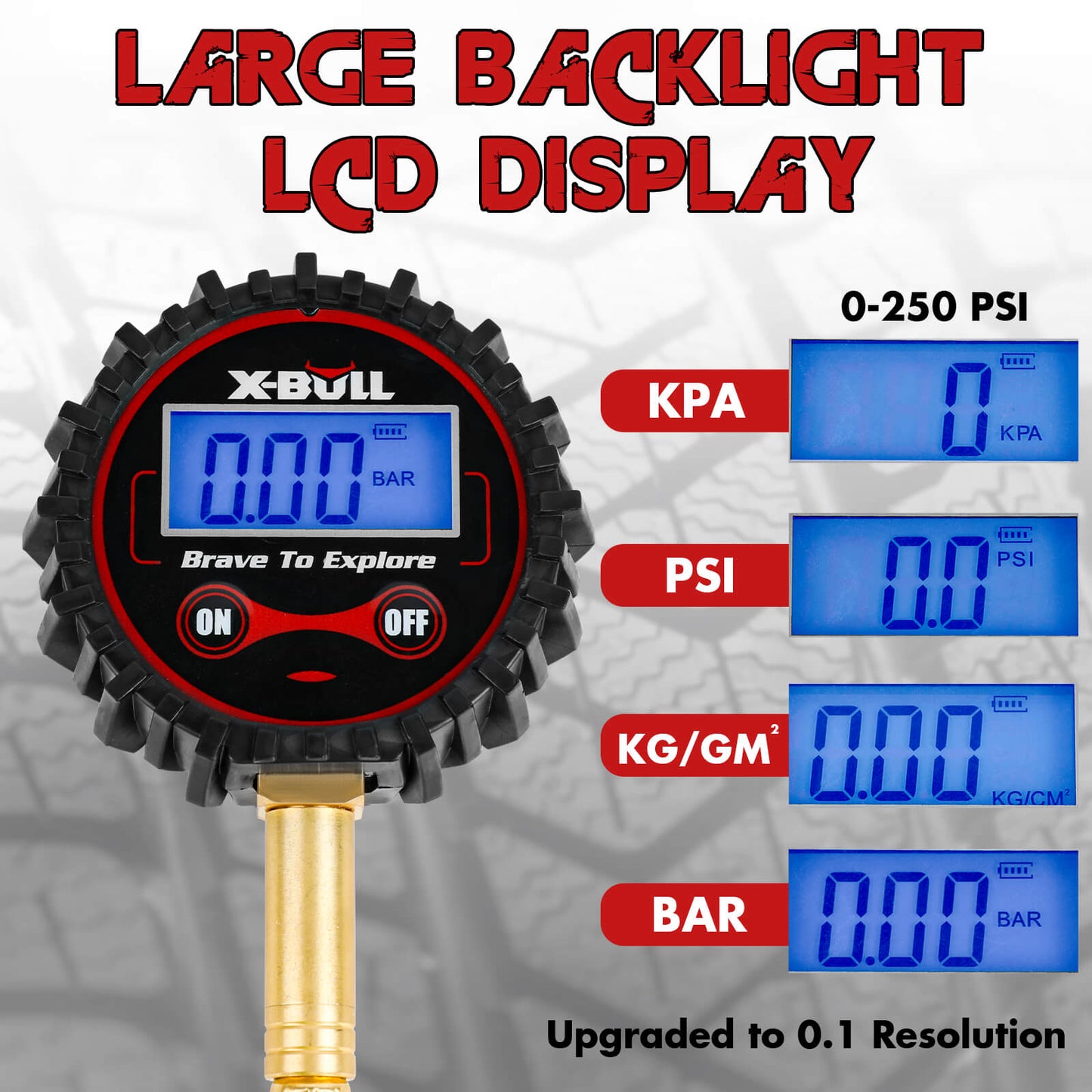 X-BULL Digital tyre pressure gauge 250PSI Tyre Air Pressure Car Motorcycle LED
