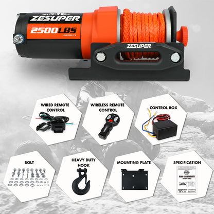 ZESUPER 12V Electric Winch 2500lbs Synthetic Rope Wireless Remote ATV UTV BOAT