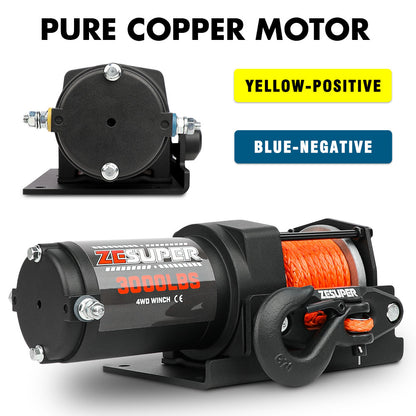 ZESUPER 12V Electric Winch 3000lbs Synthetic Rope Wireless Remote ATV UTV BOAT