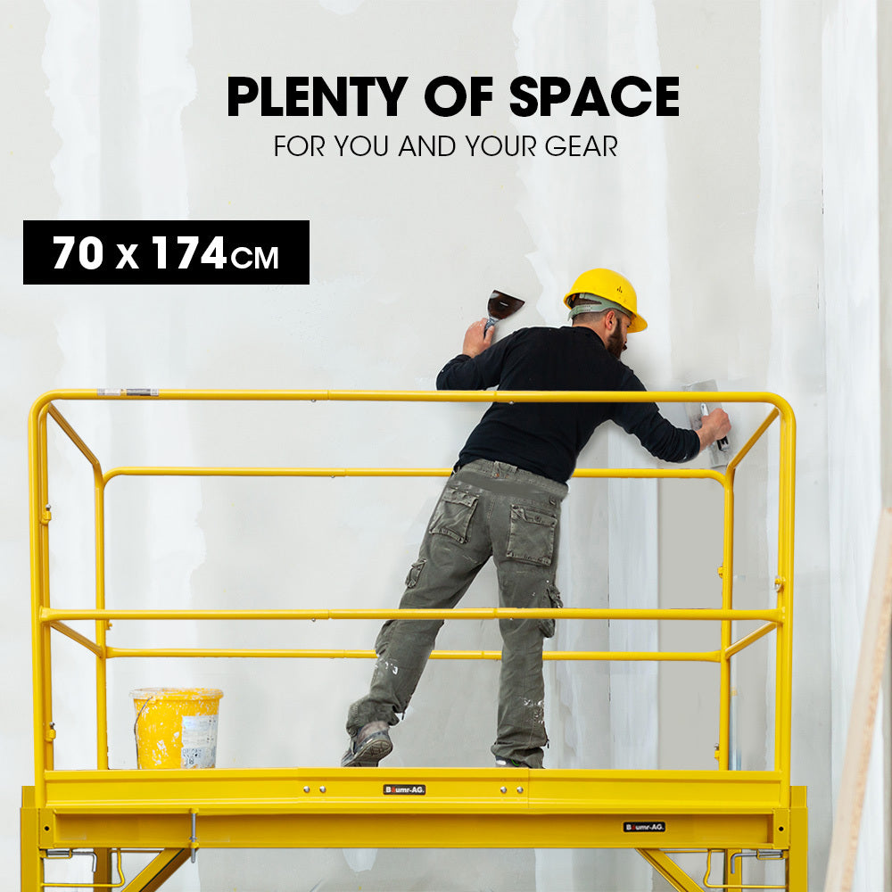 Baumr-AG 1.9 x 0.8 x 1.8m Adjustable Mobile Scaffold Platform, Guard Rail, Outrigger Wheel Set, Trapdoor Hatch