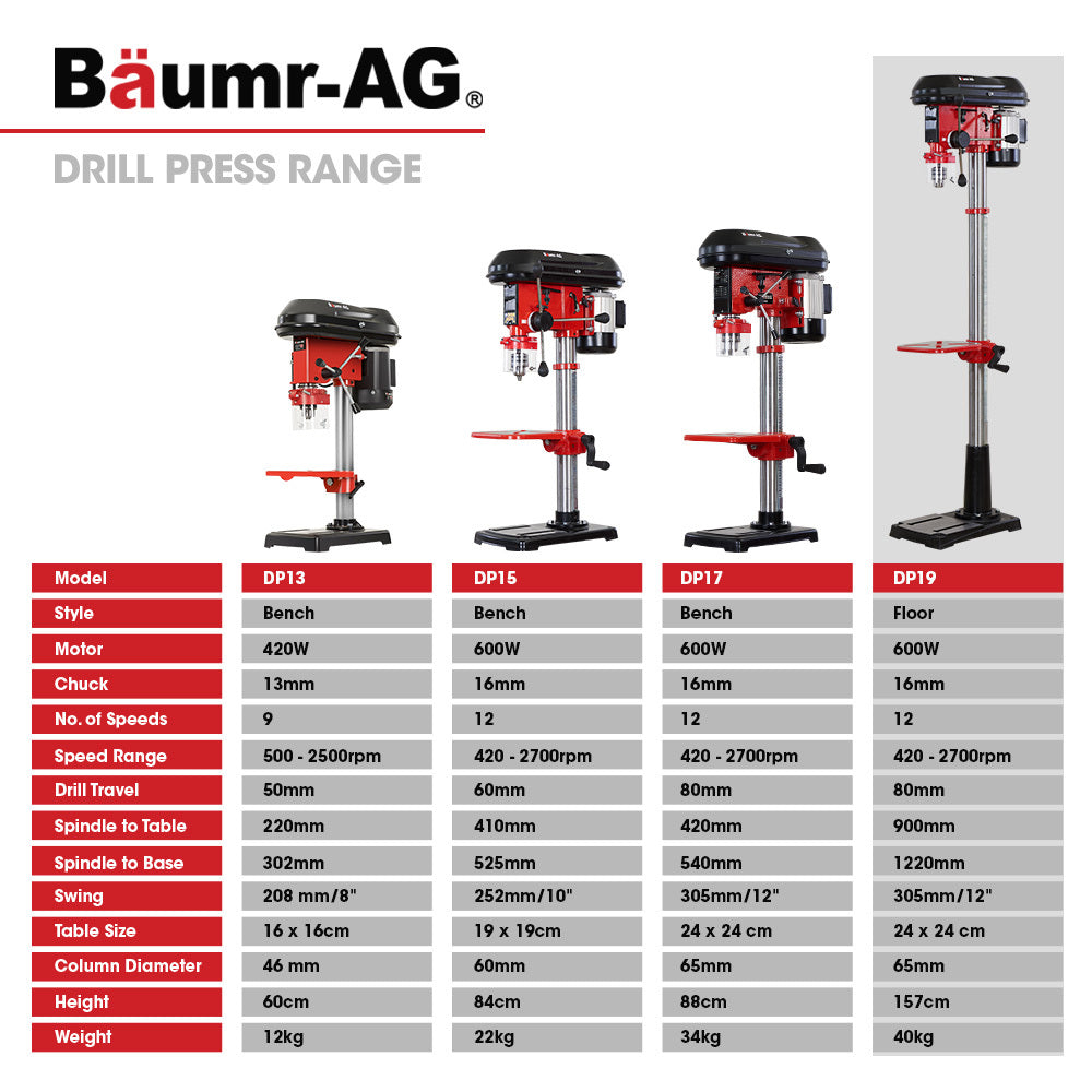 Baumr-AG 600W 12" Pedestal Floor Drill Press, 16 Speeds, 16mm