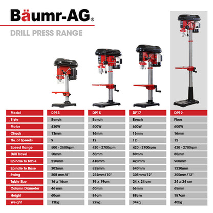 Baumr-AG 600W 12" Pedestal Floor Drill Press, 16 Speeds, 16mm