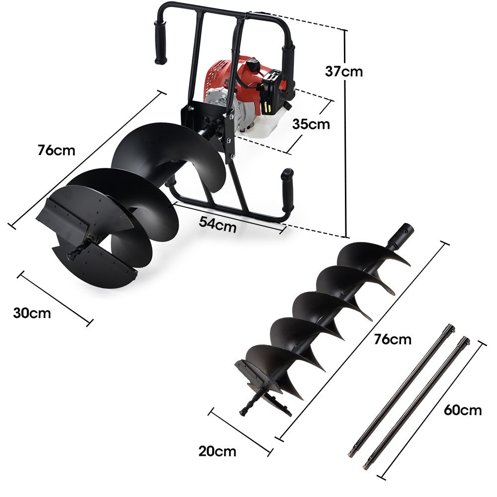 BAUMR-AG Petrol Post Hole Digger, 2 Man Handle, 200mm Double Helix +300mm Earth Auger Bits