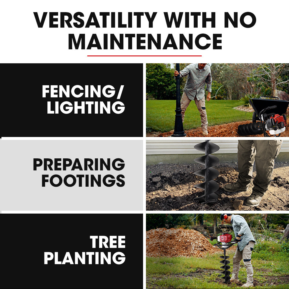 BAUMR-AG Petrol Post Hole Digger, Safety Brake, 150mm+200mm Double Helix Earth Auger Bits