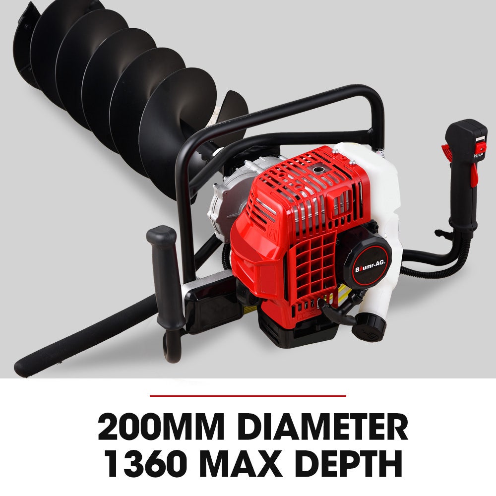 BAUMR-AG Petrol Post Hole Digger, Safety Brake, 150mm+200mm Double Helix Earth Auger Bits