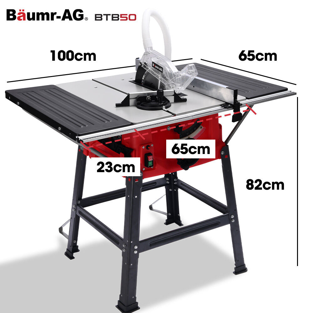 BAUMR-AG 2000W 255mm 10" Compound Table Saw, with Stand, Expandable Worktop, Vacuum Port, 45 Degree Bevel, +/- 45 Degree Mitre, Anti-tip
