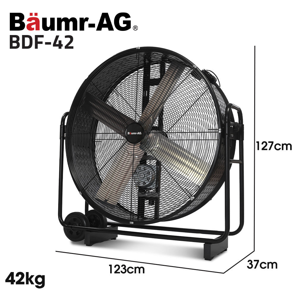 BAUMR-AG 42" 1067mm 660W Industrial Mobile Floor Drum Fan, Belt Drive, Tilting, Large, Commercial, Heavy-duty Frame, EESS Certified