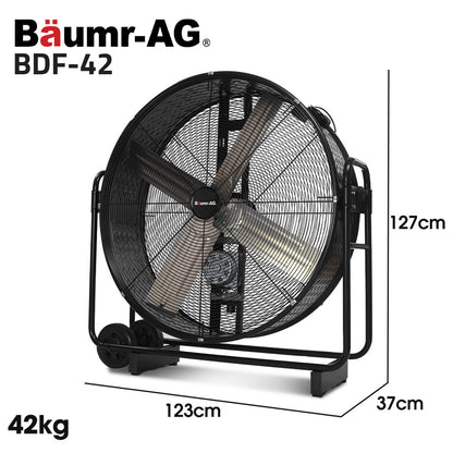 BAUMR-AG 42" 1067mm 660W Industrial Mobile Floor Drum Fan, Belt Drive, Tilting, Large, Commercial, Heavy-duty Frame, EESS Certified