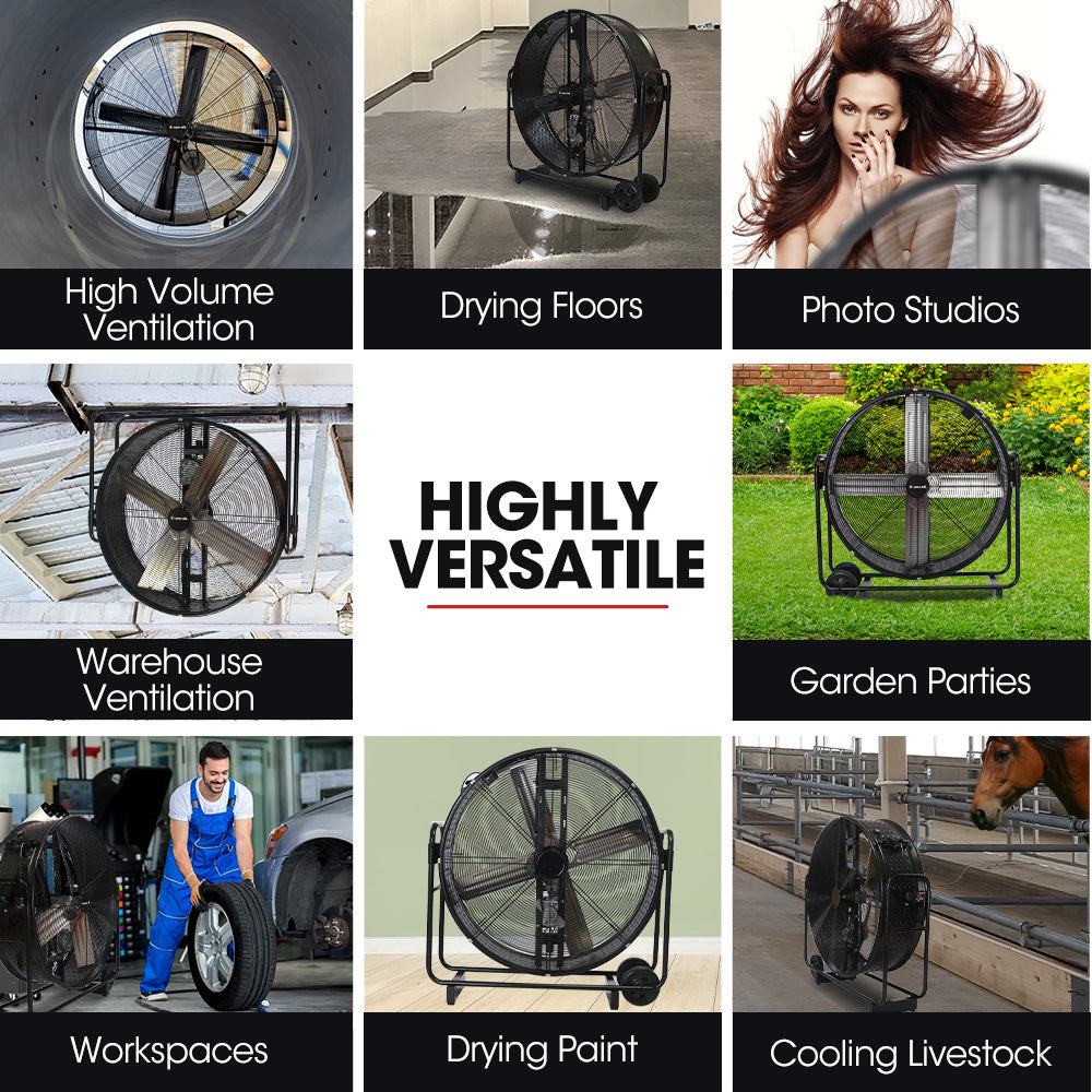 BAUMR-AG 42" 1067mm 660W Industrial Mobile Floor Drum Fan, Belt Drive, Tilting, Large, Commercial, Heavy-duty Frame, EESS Certified