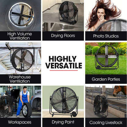 BAUMR-AG 42" 1067mm 660W Industrial Mobile Floor Drum Fan, Belt Drive, Tilting, Large, Commercial, Heavy-duty Frame, EESS Certified