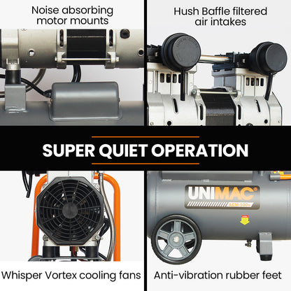 UNIMAC 40L 2.0HP Silent Oil-Free Electric Air Compressor, Portable, Twin