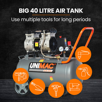 UNIMAC 40L 2.0HP Silent Oil-Free Electric Air Compressor, Portable, Twin