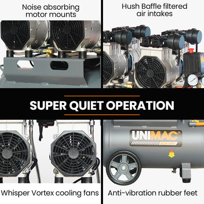 UNIMAC 50L 3.0HP Silent Oil-Free Electric Air Compressor, Portable, Twin