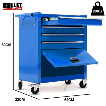 BULLET Pro 4 Drawer Tool Box Cabinet Trolley Storage, with 1-Door Toolbox Garage Organiser Set, Blue
