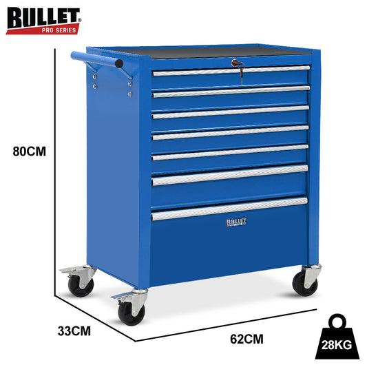 BULLET Pro 7 Drawer Tool Box Cabinet Trolley Storage, Toolbox Garage Organiser Set, Blue