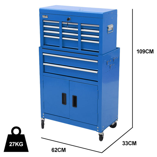 Bullet Pro 8 Drawer Tool Box Chest Cabinet Storage, with 2-Door Toolbox Garage Organiser Set, Blue