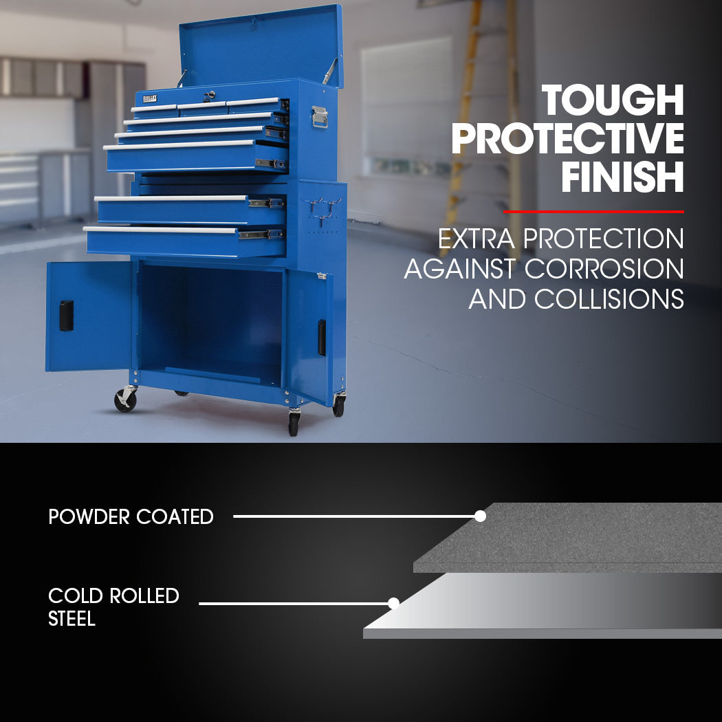Bullet Pro 8 Drawer Tool Box Chest Cabinet Storage, with 2-Door Toolbox Garage Organiser Set, Blue