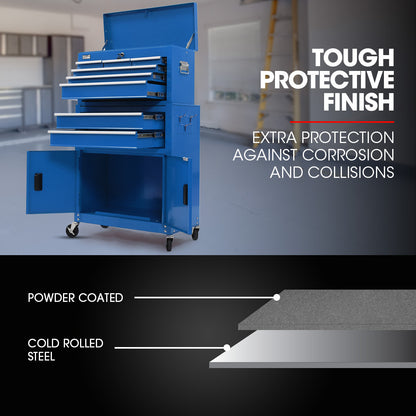 Bullet Pro 8 Drawer Tool Box Chest Cabinet Storage, with 2-Door Toolbox Garage Organiser Set, Blue