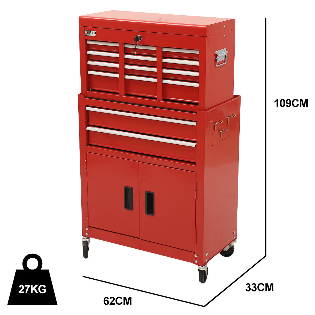 Bullet Pro 8 Drawer Tool Box Chest Cabinet Storage, with 2-Door Toolbox Garage Organiser Set, Red