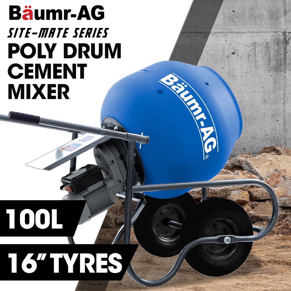 BAUMR-AG 100L Portable Poly Drum Cement Concrete Mixer, Ultra-Light 36kg, 16 Inch Tyres, Electric Direct Drive Motor